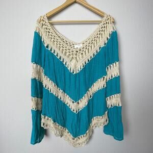 Umgee USA Boho Crochet‎ Poncho Top Size L Turquoise Festival Vacation